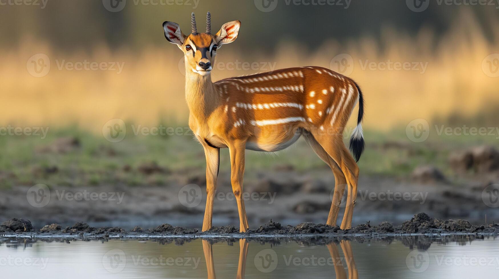 Bushbuck standing cautiously the edge of a waterhole in a savannah its striped coat reflecting in the still water under soft morning light captured with a telephoto lens for serene composition photo