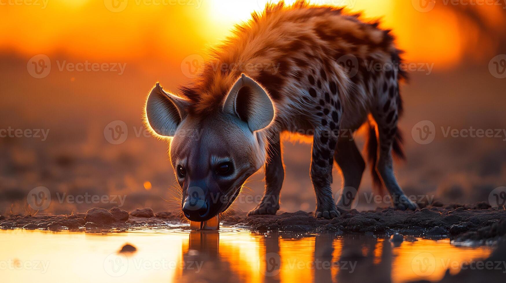 Brown hyena drinking cautiously a remote watering hole in the African desert its fur illuminated by the orange glow of sunset captured with a telephoto lens for dramatic composition photo
