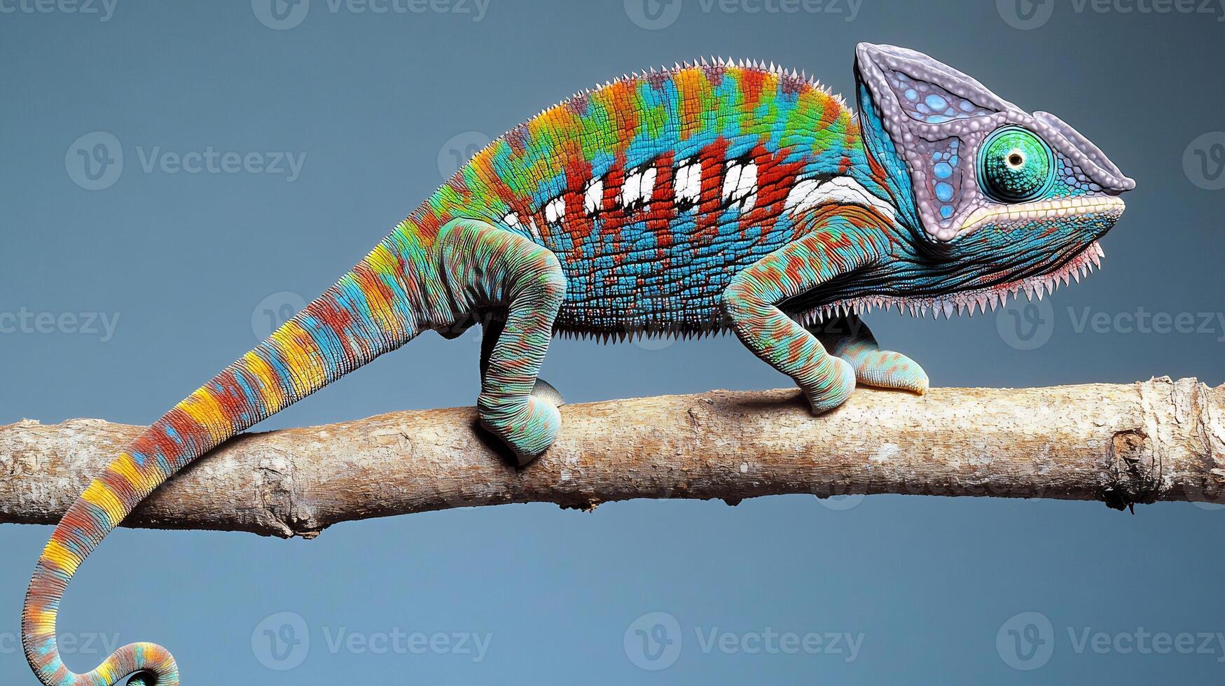 Chameleon blending into environment on a tree branch its vibrant colors shifting mid transition captured with a telephoto lens for vivid wildlife adaptation photo