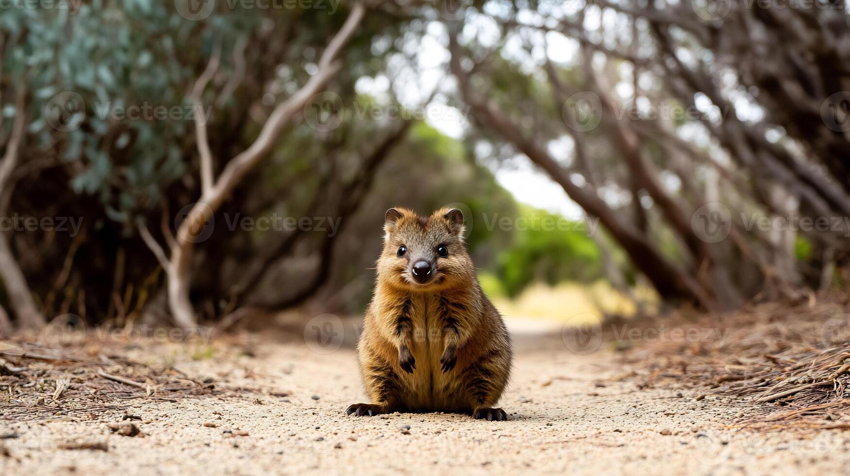 Cheerful looking quokka sitting dirt pathway surrounded eucalyptus trees wide eyed expression furry body illuminated by warm morning light captured with a low angle lens for an endearing close up photo