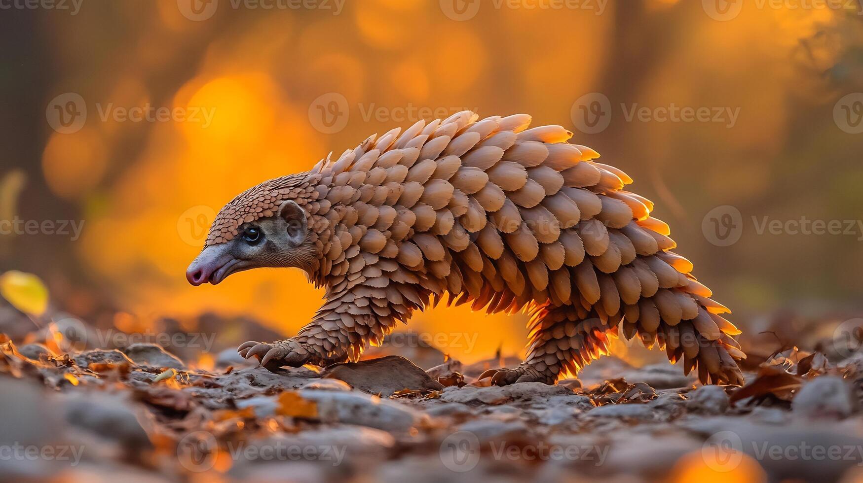 Chinese pangolin walking across rocky forest path at sunset its textured scales glowing in the golden light captured with a low angle telephoto lens for immersive detail photo