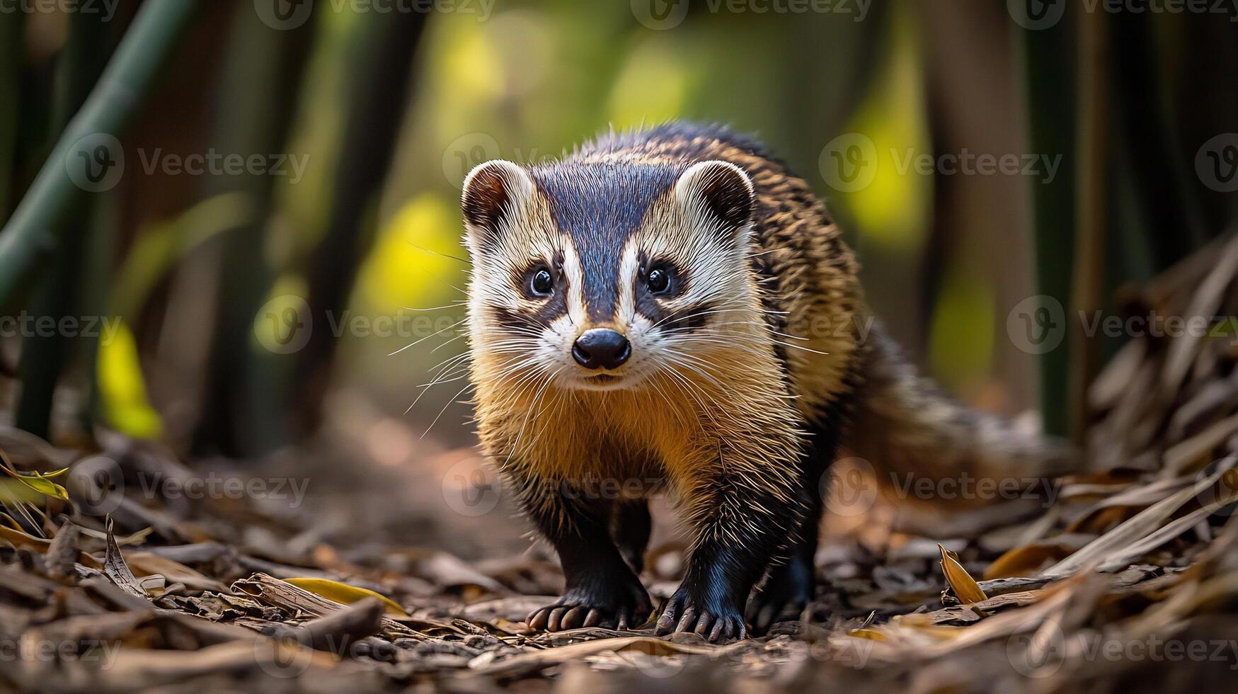 Chinese ferret badger walking along forest floor in a dense bamboo grove its striped face and sleek body framed by soft dappled light captured with a low angle lens for intimate detail photo