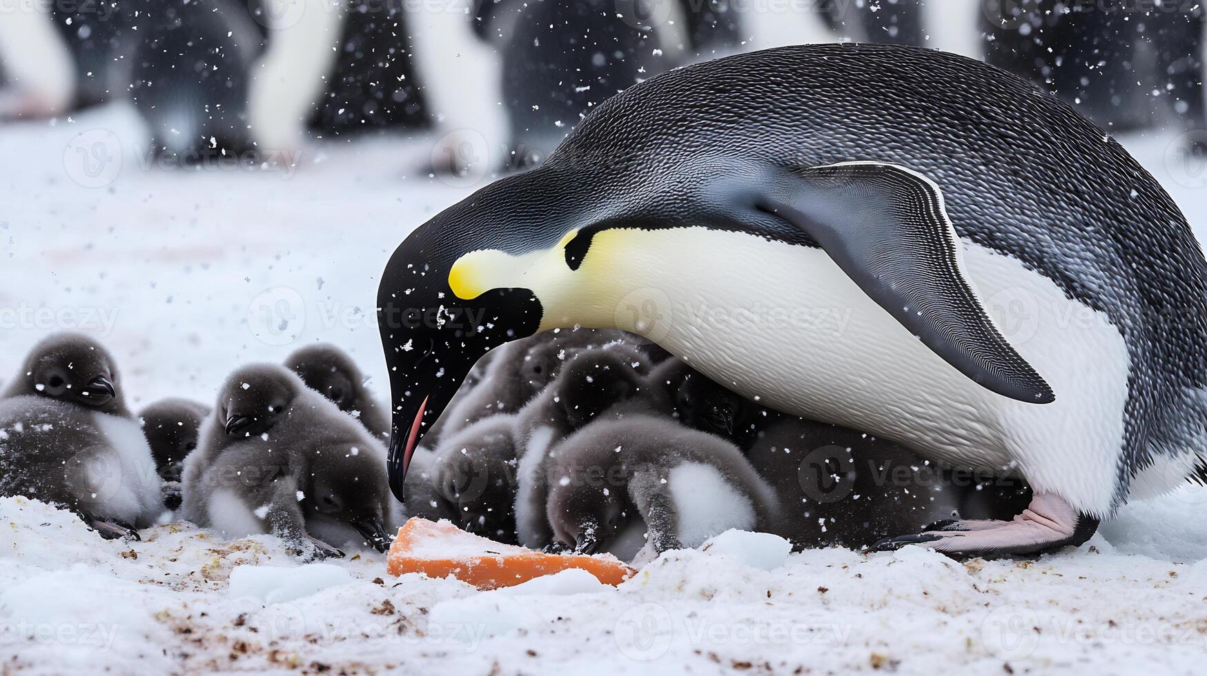 Colony of emperor penguins chicks huddled together on the icy expanse of Antarctica their black and white plumage contrasting sharply with the snow high defination photo