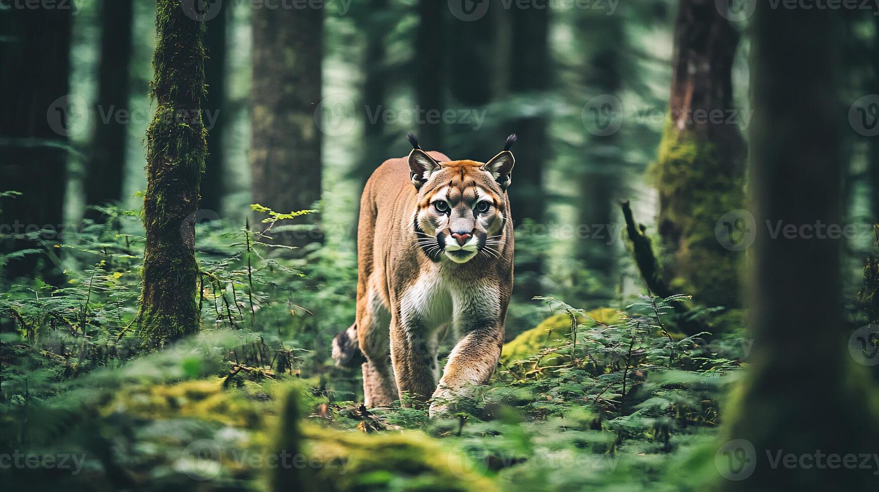 Cougar stalking prey in a dense North American forest its piercing eyes locked on the target captured with a telephoto lens to enhance its predatory focus photo