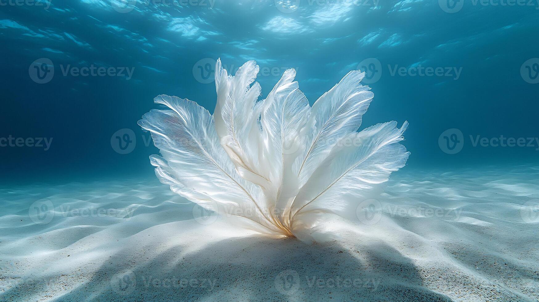 Delicate sea pen anchored the sandy ocean floor its feathery structure swaying gently with the current illuminated by faint underwater light captured with a macro lens for vivid texture photo
