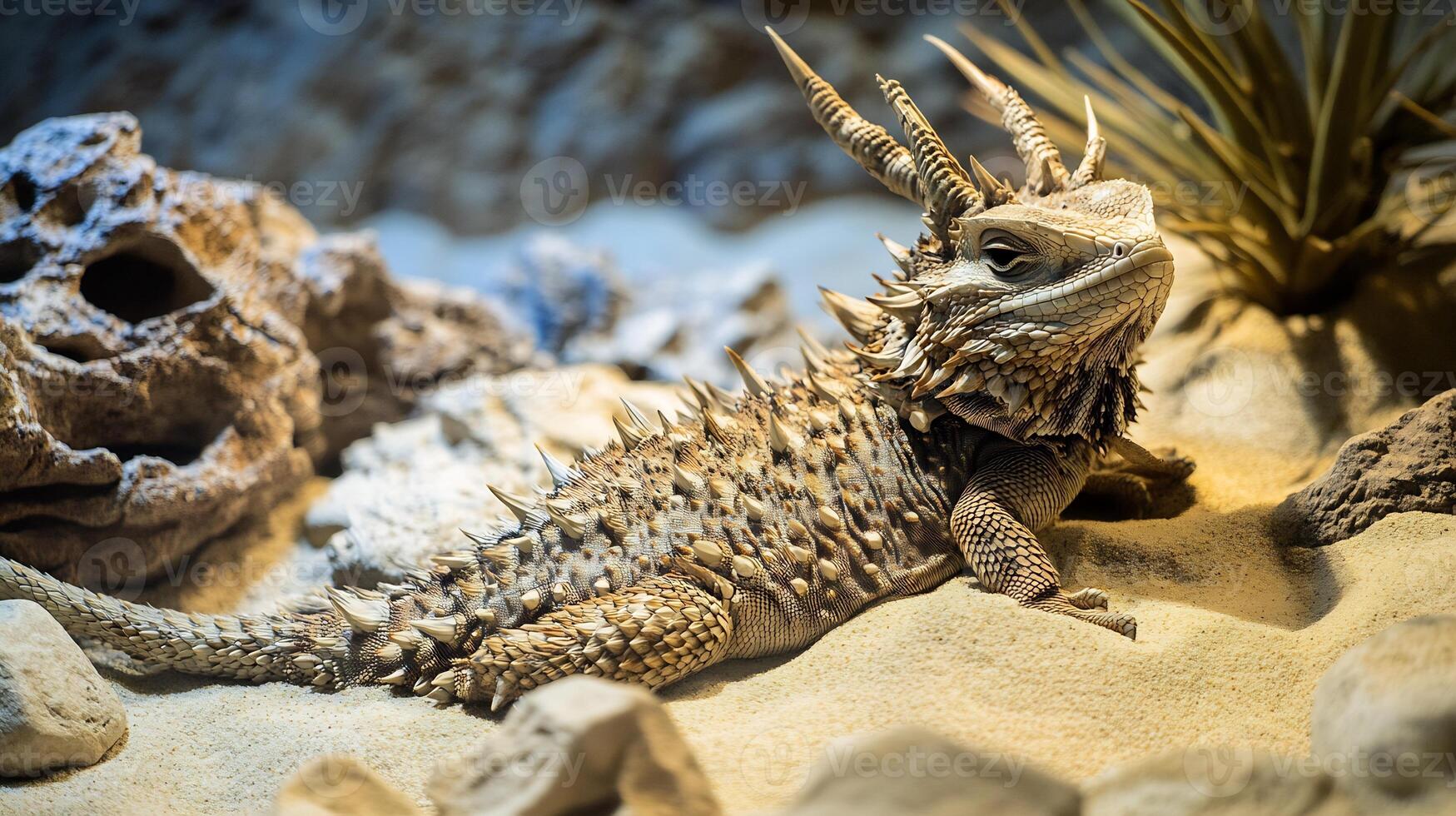 Desert horned lizard camouflaged among rocks sand its spiny body blending perfectly with the arid environment captured with a macro lens to emphasize texture and detail photo