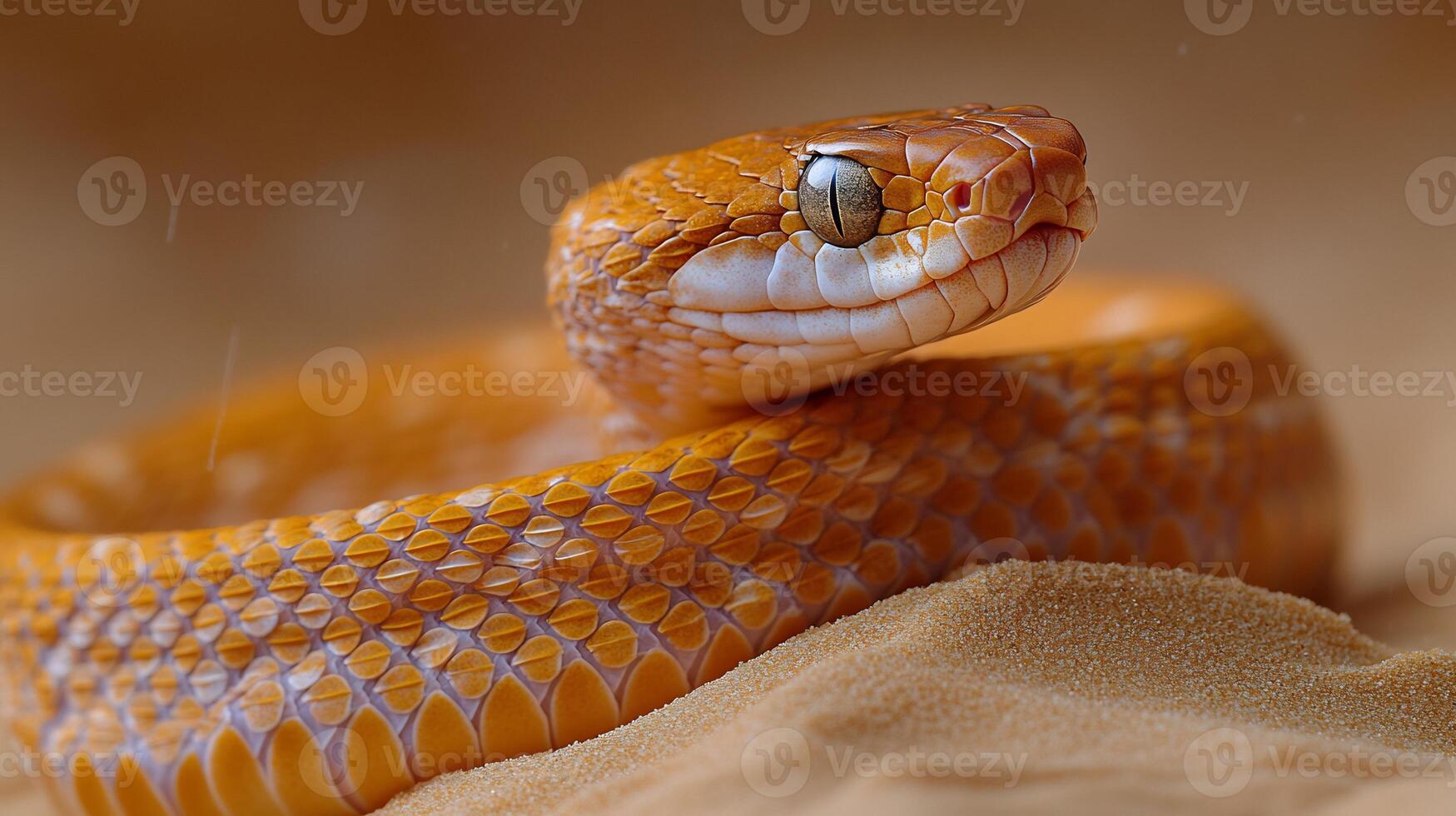 Desert viper slithering across rippling sand dunes during mild sandstorm its textured scales blending into the golden terrain captured with a macro lens for striking texture photo