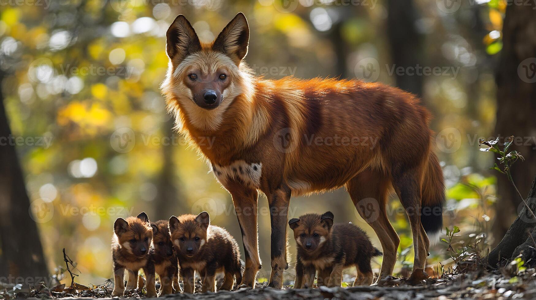 Dhole Indian wild dog standing protectively over pups in a sunlit forest clearing its russet fur glowing under dappled light captured with a telephoto lens for emotional focus photo