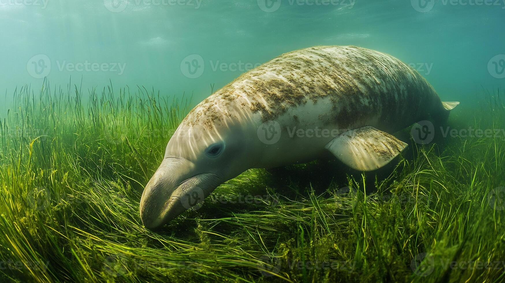 Dugong grazing a shallow seagrass meadow its smooth body creating gentle ripples captured with an underwater wide angle lens for a serene setting photo