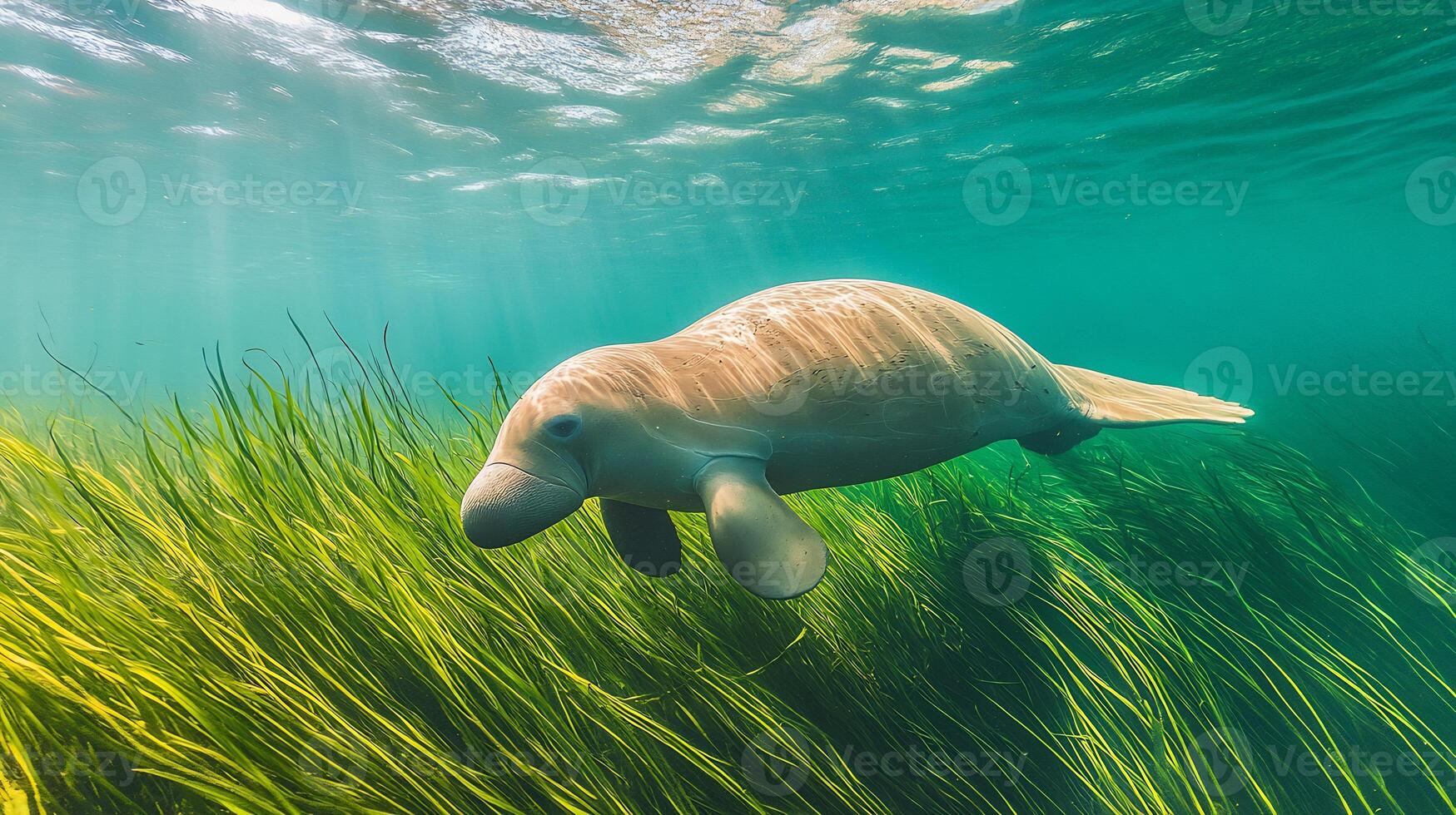 Dugong swimming through vibrant underwater seagrass bed gentle movements creating soft ripples illuminated by sunlight filtering through turquoise water captured with a wide angle underwater lens photo
