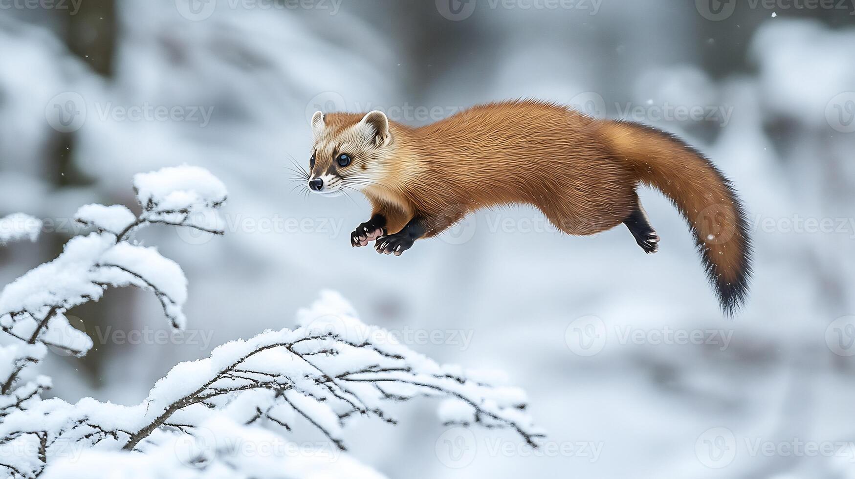 European pine marten leaping between snow covered branches frozen forest its lithe body mid motion and fur glowing in the soft winter light captured with a high speed telephoto lens for action focus photo