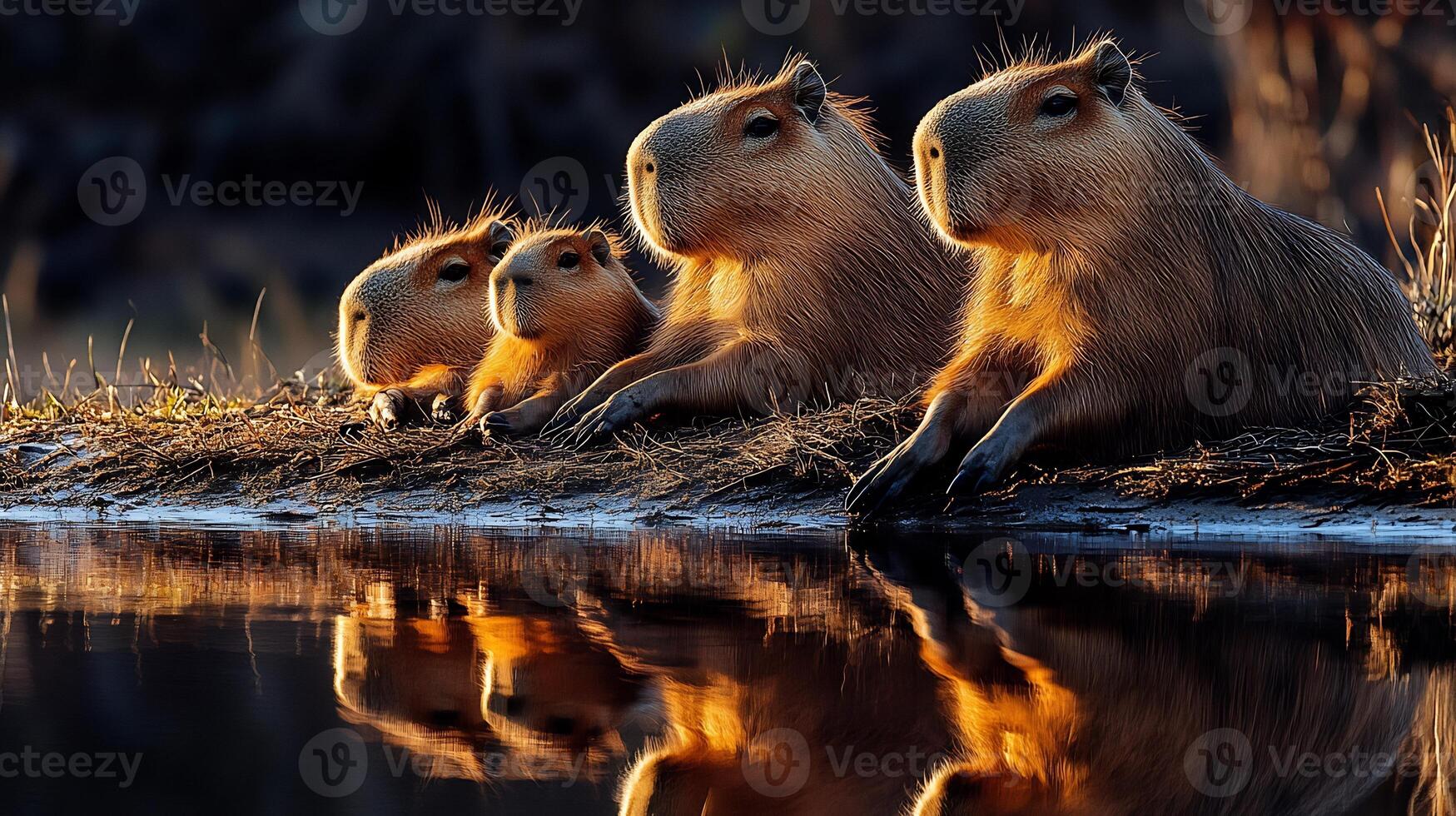 Family of capybaras lounging the edge of a riverbank their reflections shimmering in the water under the soft hues of twilight captured with a telephoto lens for natural detail photo