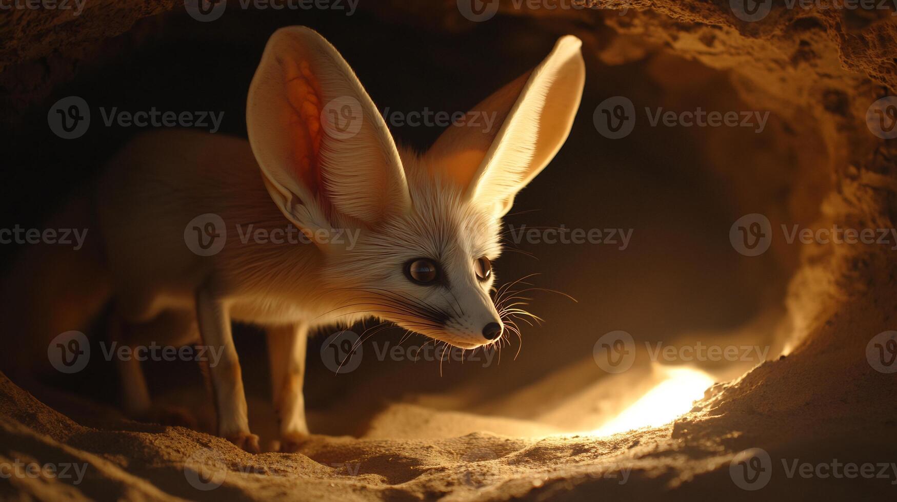 Fennec fox emerging its burrow in the Sahara Desert at twilight its large ears backlit to highlight their translucence captured with a low angle lens for an intimate perspective photo