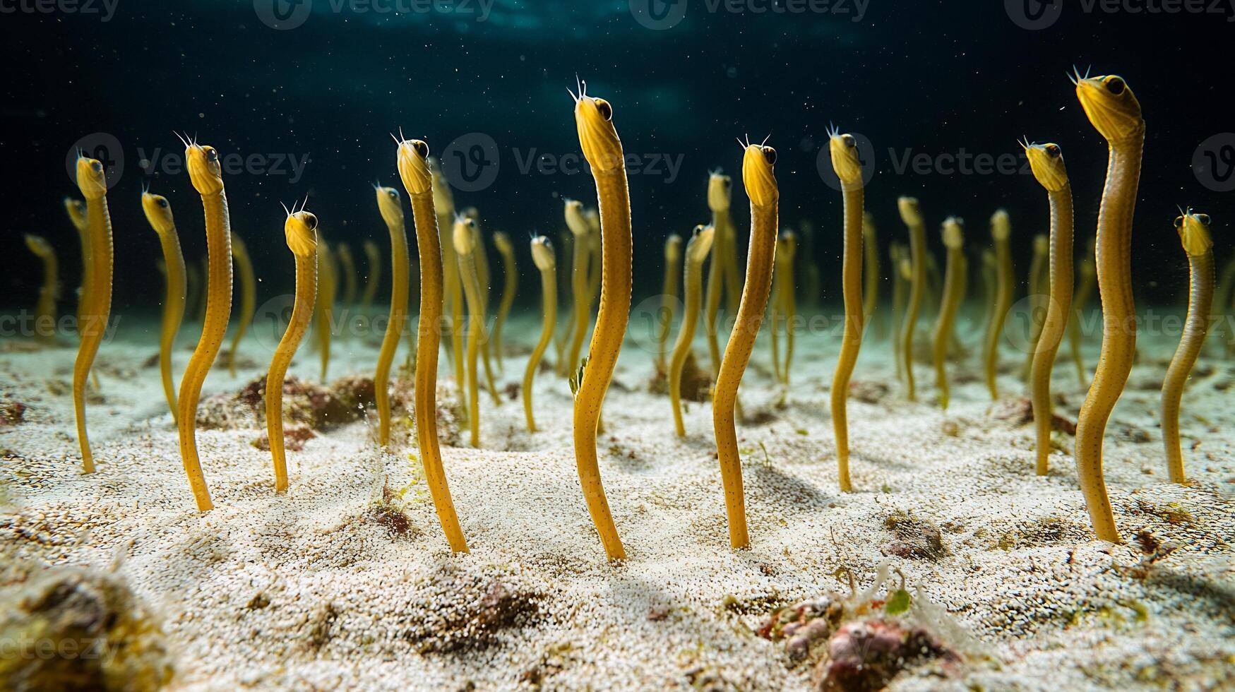 Field of garden eels swaying gently ocean currents in a coral reef their slender bodies standing upright in soft sand captured with an underwater macro lens for captivating focus photo