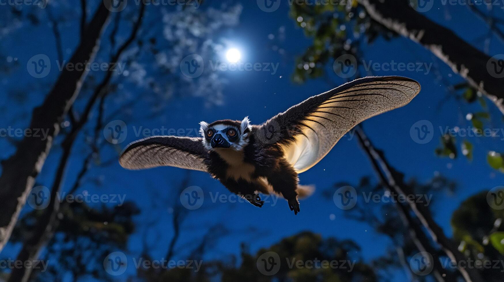 Flying lemur gliding between trees under moonlit sky its outstretched membrane glowing softly in the pale light captured with a low light telephoto lens for a dramatic nocturnal view photo