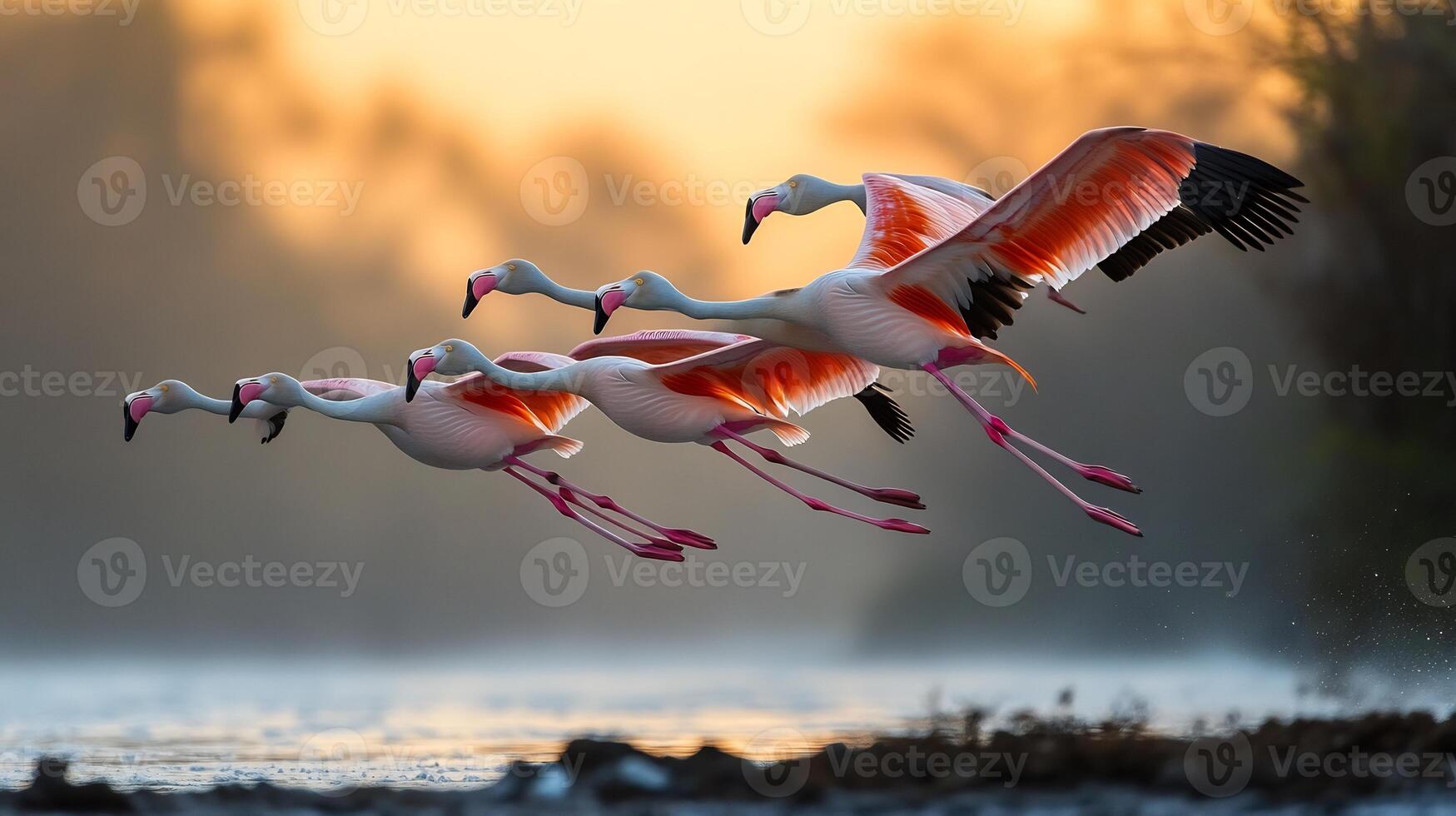 Flock of greater flamingos flying perfect formation over reflective saltwater lagoon sunrise their vivid pink hues glowing under the golden light captured with a wide angle lens for expansive focus photo