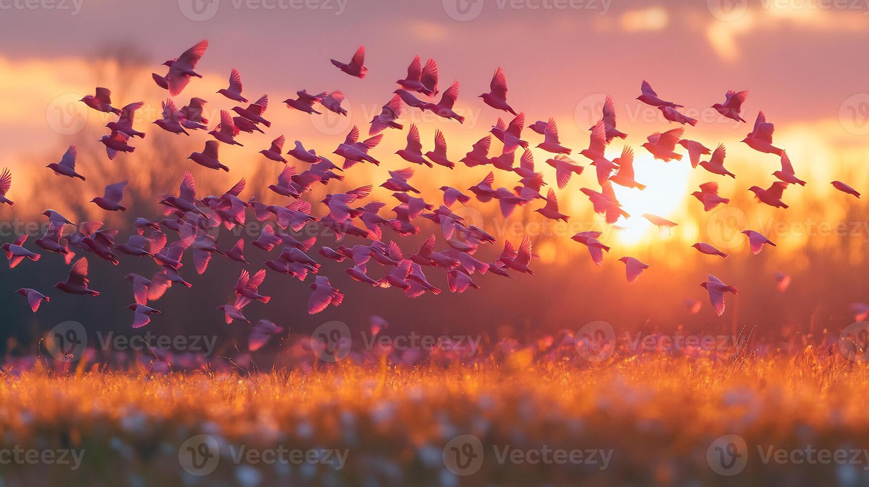 Flock of rosy starlings flying intricate formations over a golden meadow their synchronized movement glowing in the warm light of sunset captured with a wide angle lens for expansive focus photo