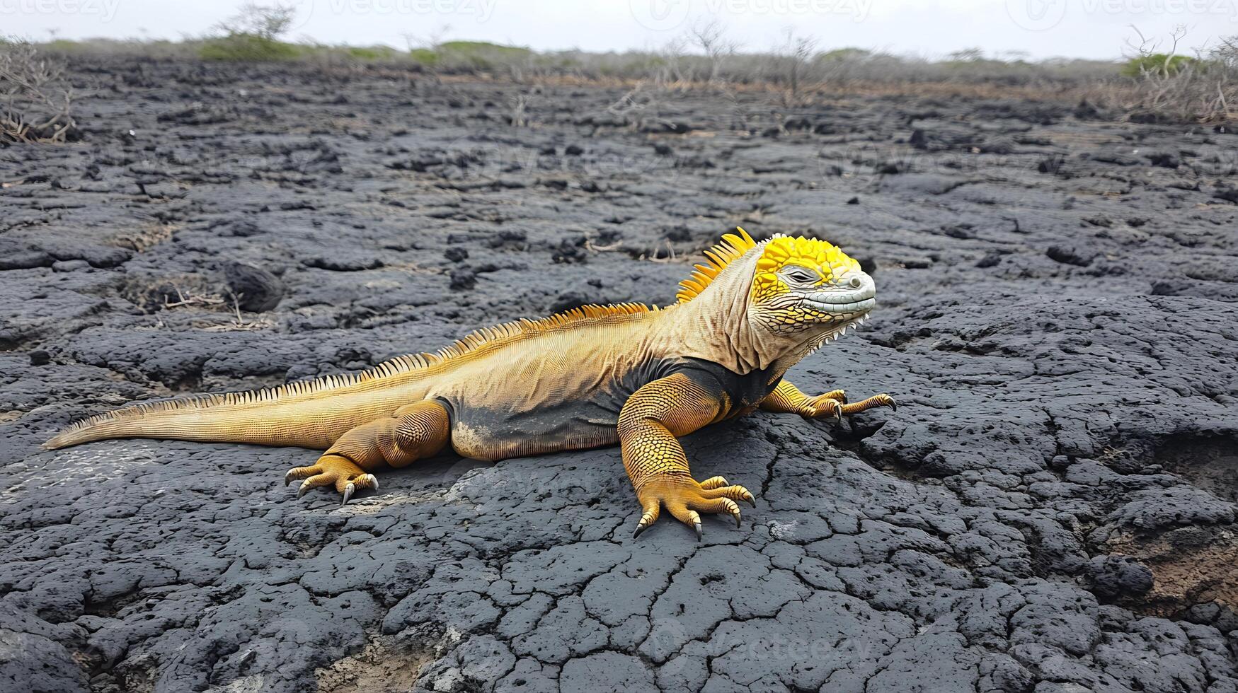 Galpagos land iguana basking a black volcanic rock its bright yellow skin contrasting with the barren landscape captured with a low angle lens for dramatic perspective photo