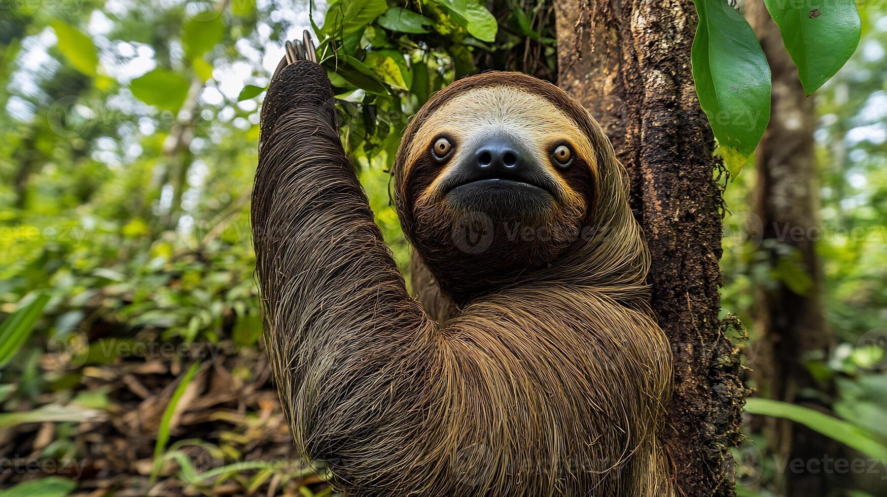 Giant ground sloth reaching up feed on leaves from a tall tree in a vibrant rainforest clearing its massive frame glowing under warm midday light captured with a telephoto lens for majestic focus photo