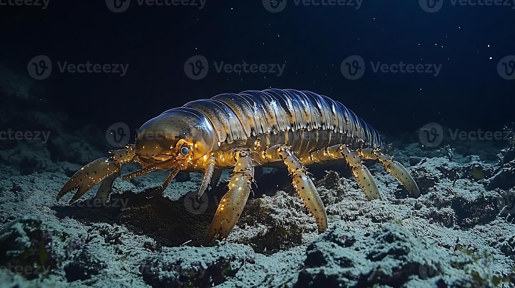 Giant isopod crawling across dark rocky seabed in the deep ocean its armored body illuminated by faint bioluminescent light captured with a macro lens for eerie close up realism photo