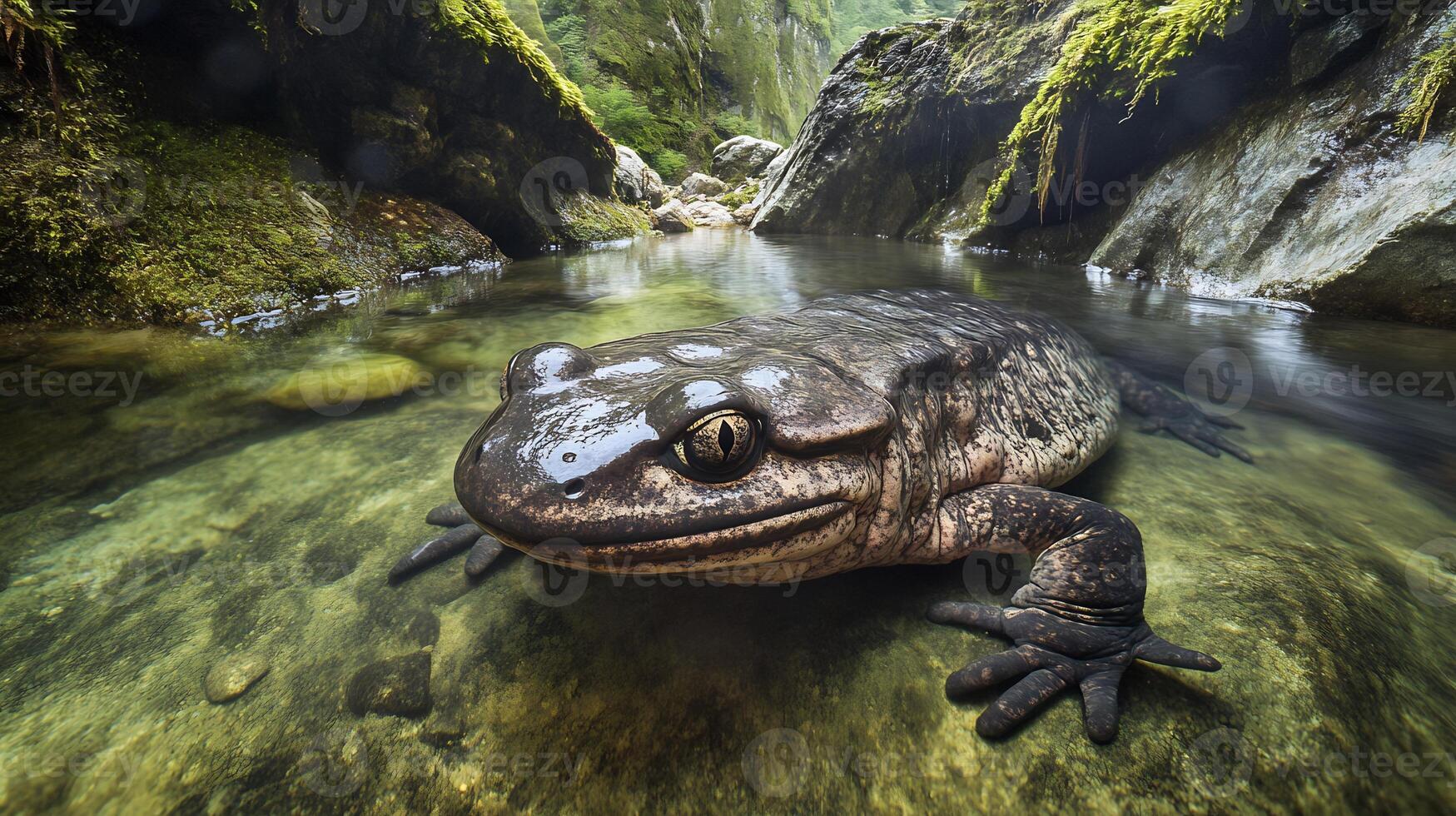 Giant salamander resting a clear mountain stream its textured skin blending with the mossy rocks captured with a low angle lens to highlight its ancient almost mythical appearance photo