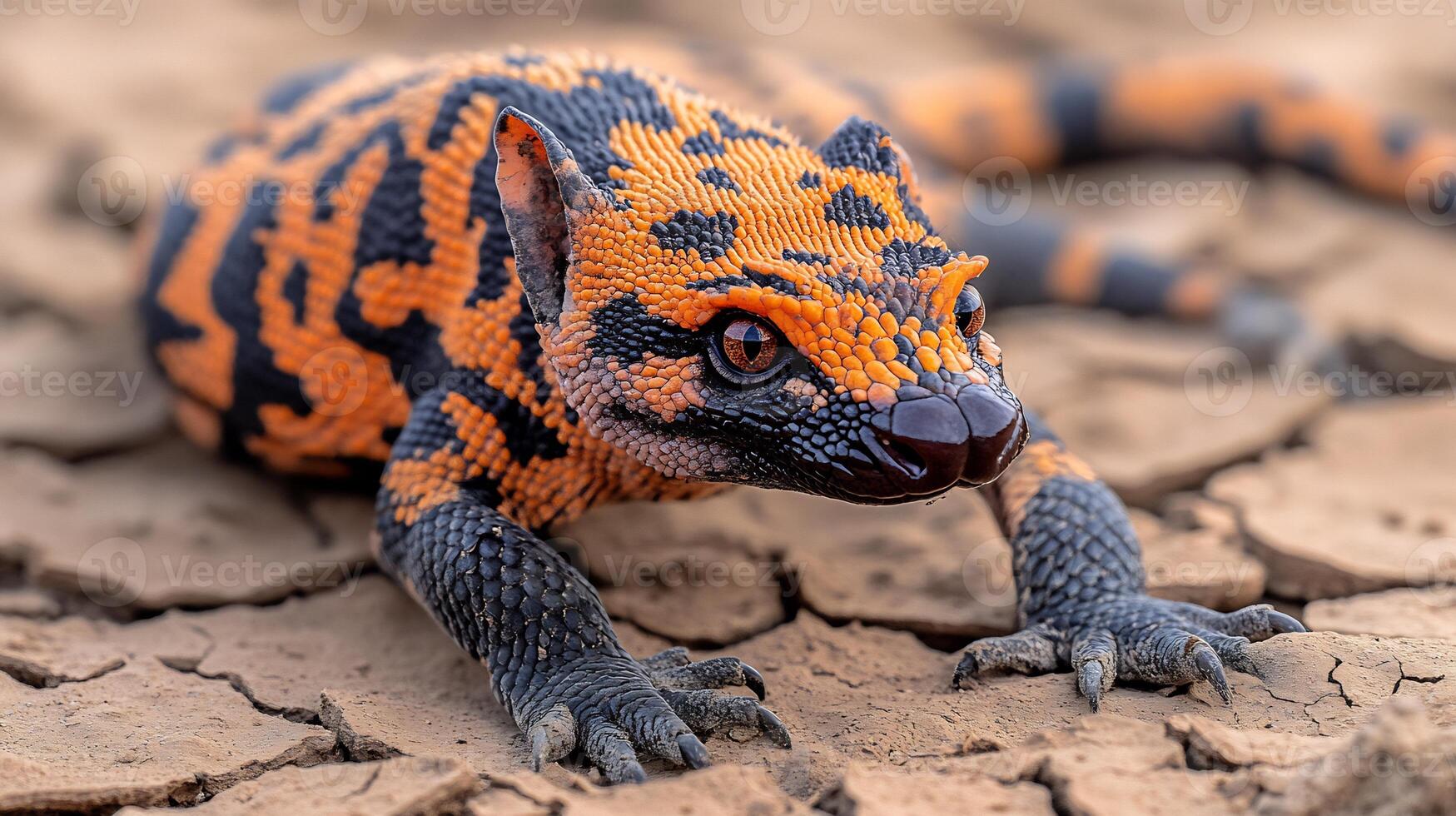 Gila monster crawling over dry cracked desert soil orange and black patterned skin glowing under midday sunlight captured with a macro lens for intricate texture photo