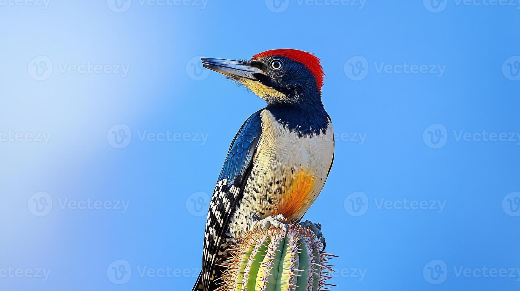 Gila woodpecker perched a tall saguaro cactus in the Arizona desert its colorful plumage standing out against the blue sky captured with a telephoto lens for sharp contrast photo