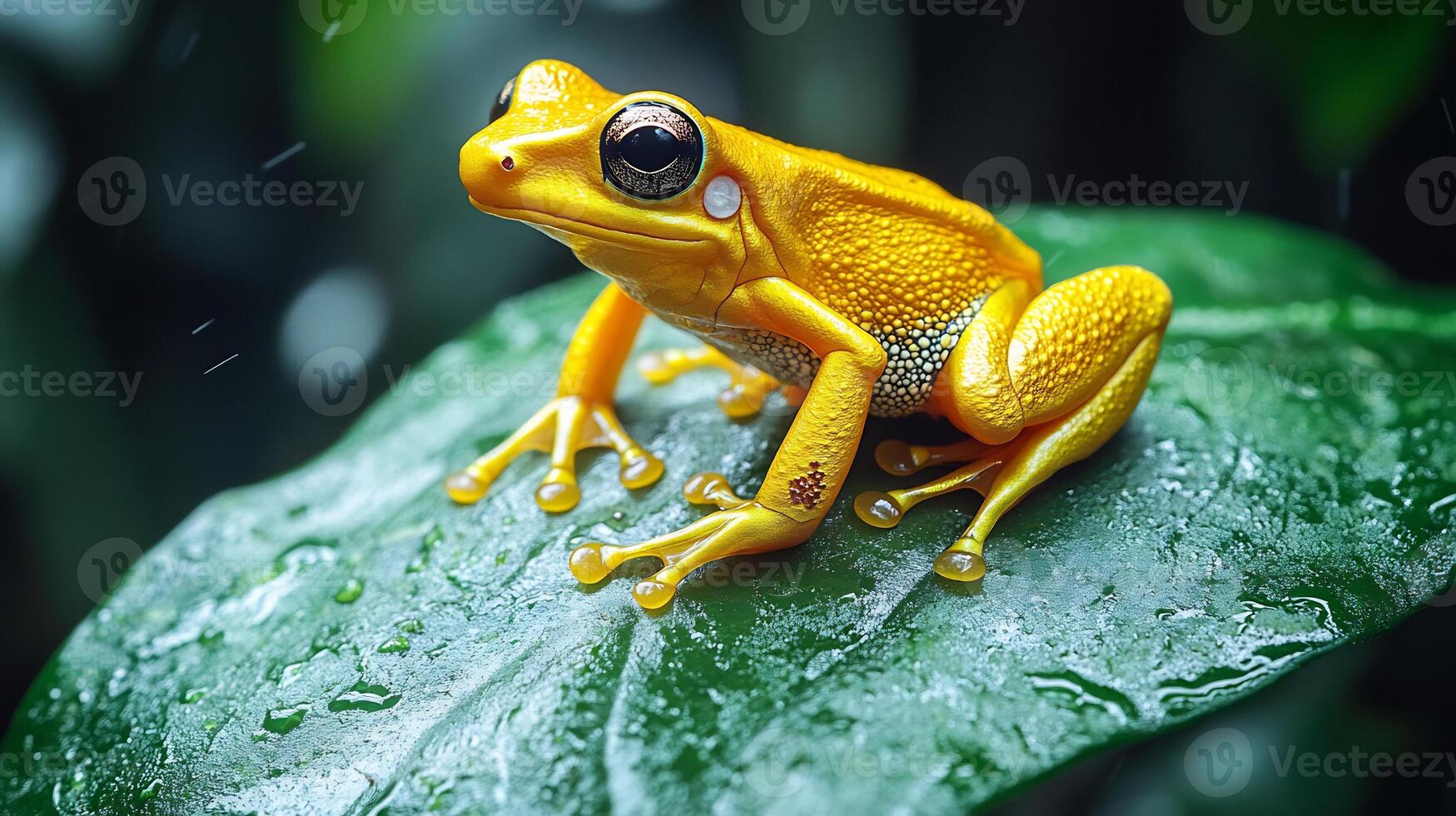 Golden poison dart frog perched a large green leaf in the tropical rainforest its vibrant yellow body glowing against the dark wet surroundings captured with a macro lens for intricate detail photo