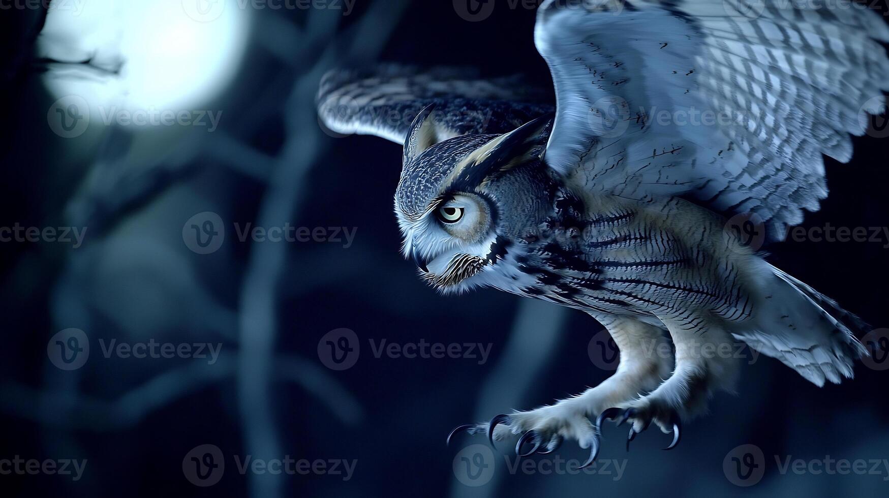 Great horned owl gliding silently through moonlit forest its sharp talons extended and wings spread wide captured with a high speed telephoto lens to freeze the dramatic motion photo