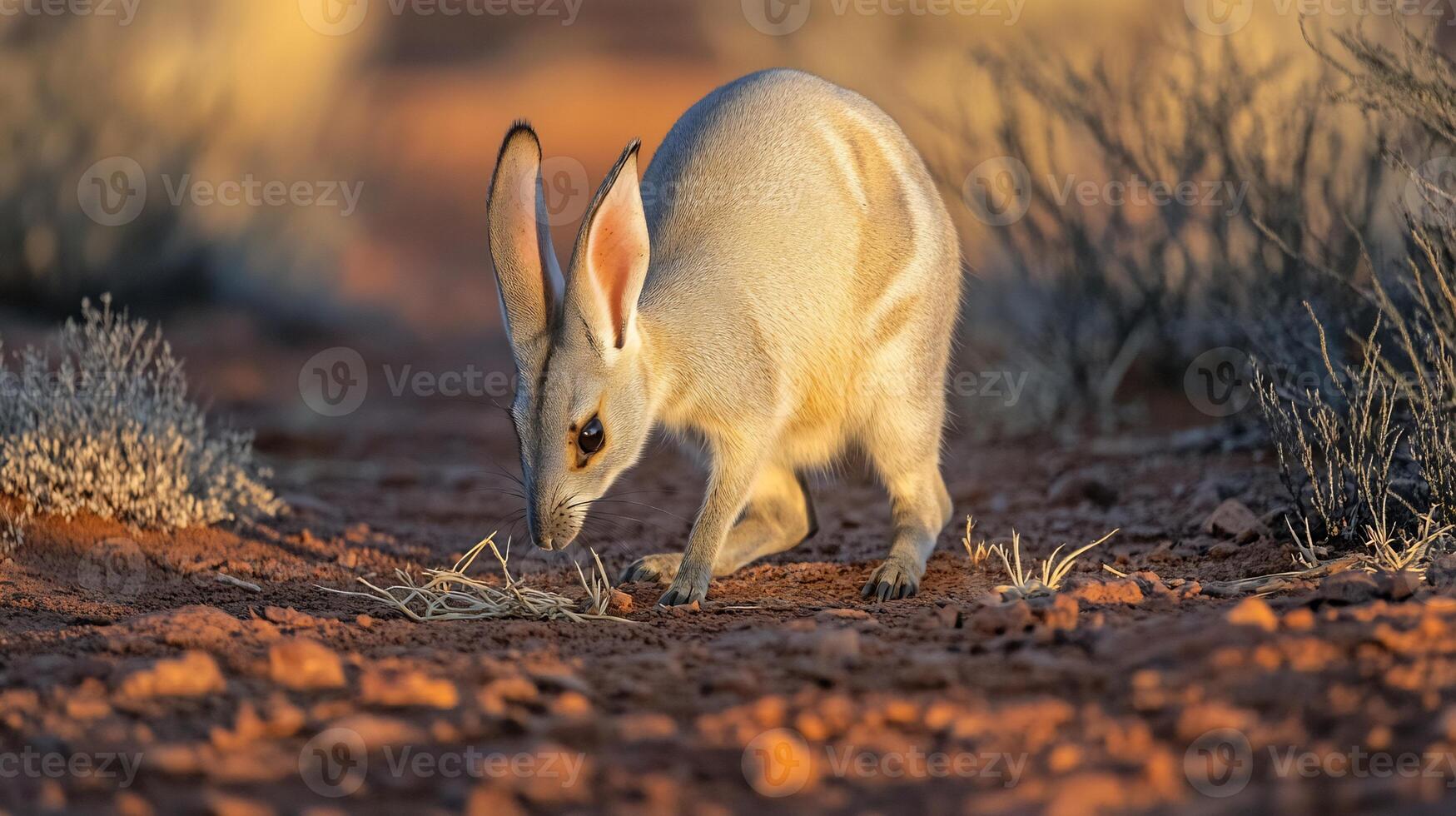 Greater bilby foraging the twilight of the Australian desert its long ears illuminated by the last rays of sunlight captured with a low angle telephoto lens for dramatic focus photo