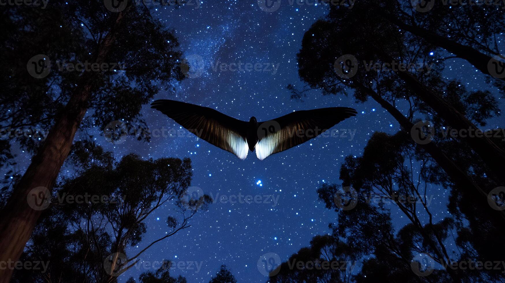 Greater glider soaring between two tall eucalyptus trees under starlit sky its wide membrane glowing faintly captured with a low light telephoto lens for a dramatic nocturnal view photo
