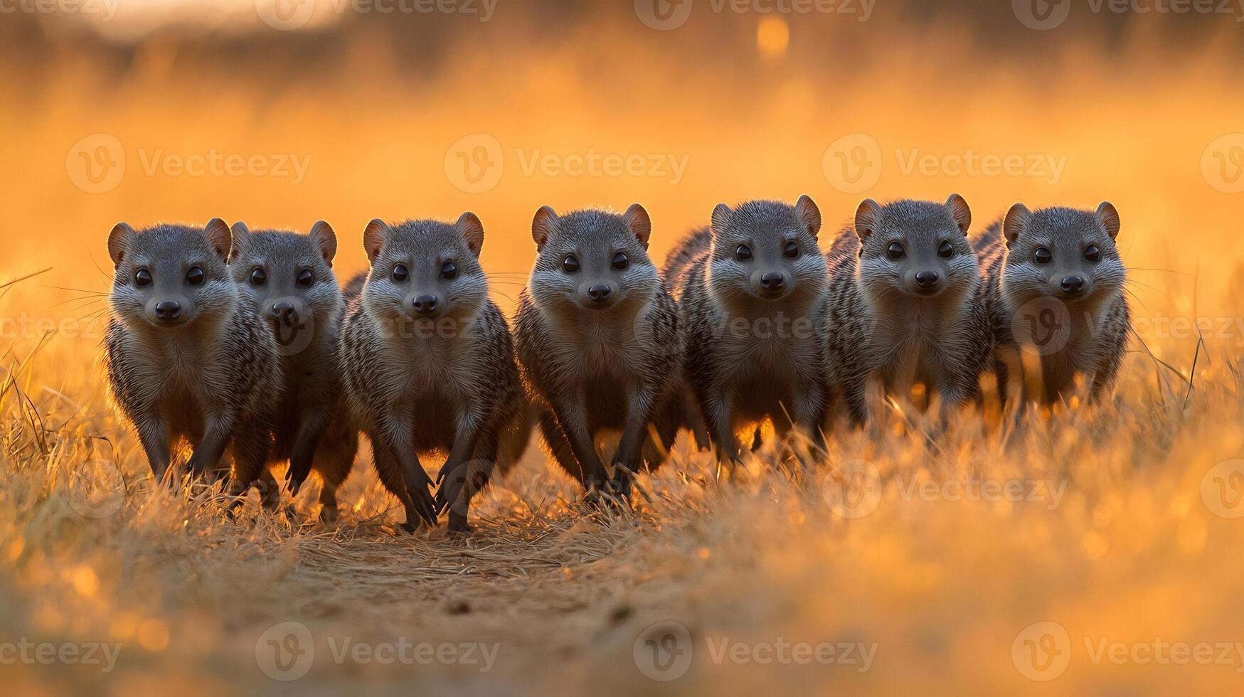 Group of banded mongooses foraging golden savannah grass their sleek bodies highlighted by the soft glow of sunset captured with a telephoto lens for dynamic group action photo