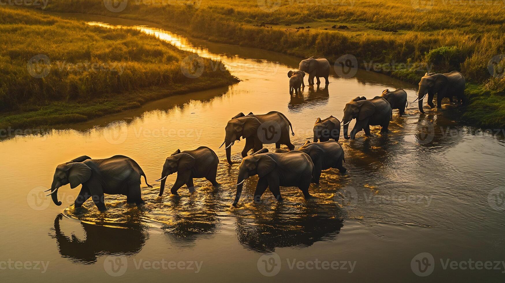 Herd of African elephants crossing shallow river during sunset with the golden water reflecting their towering silhouettes captured with a wide angle lens to encompass the grandeur of the scene photo