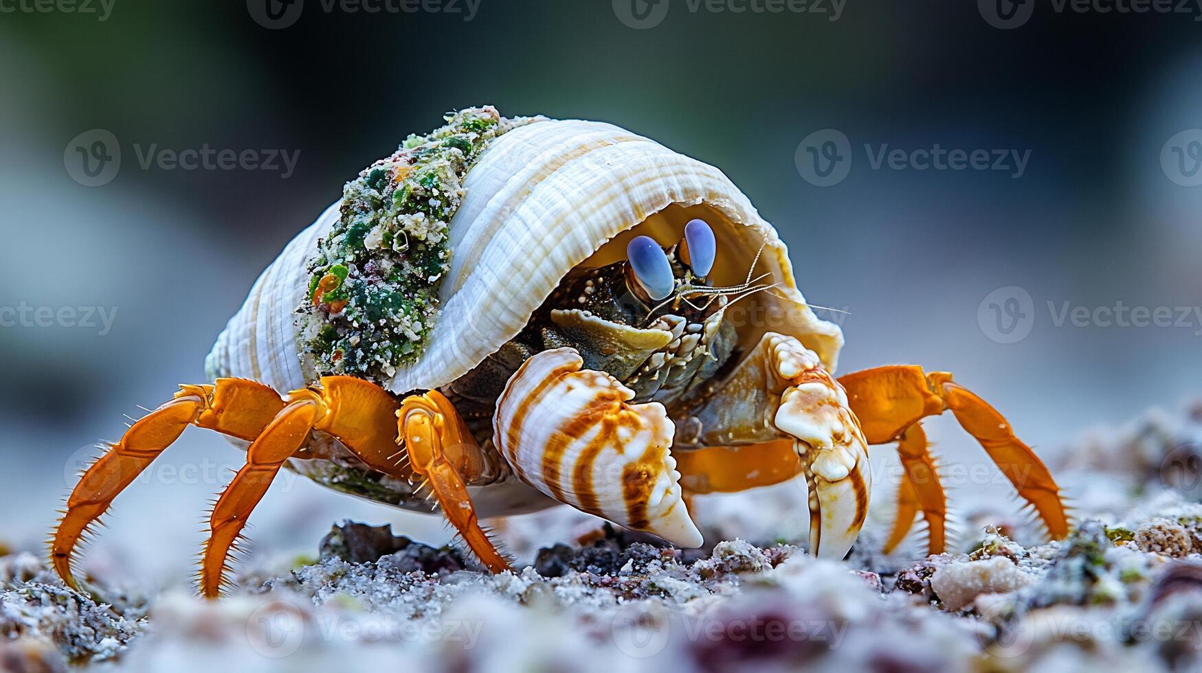 Hermit crab moving slowly across rocky shoreline its shell decorated with algae and small coral fragments captured with a low angle macro lens for intricate close up focus photo