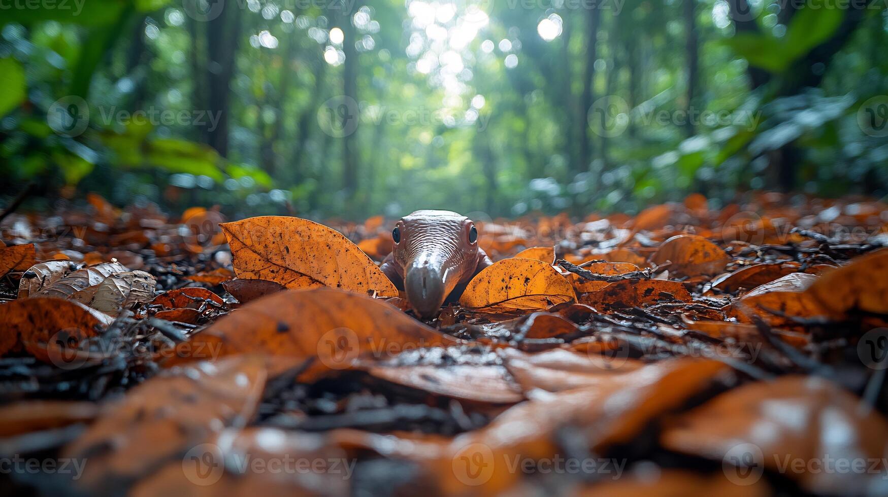 Hispaniolan solenodon foraging dense leaf litter on a tropical forest floor its pointed snout and small frame highlighted by soft morning light captured with a macro lens for intimate realism photo