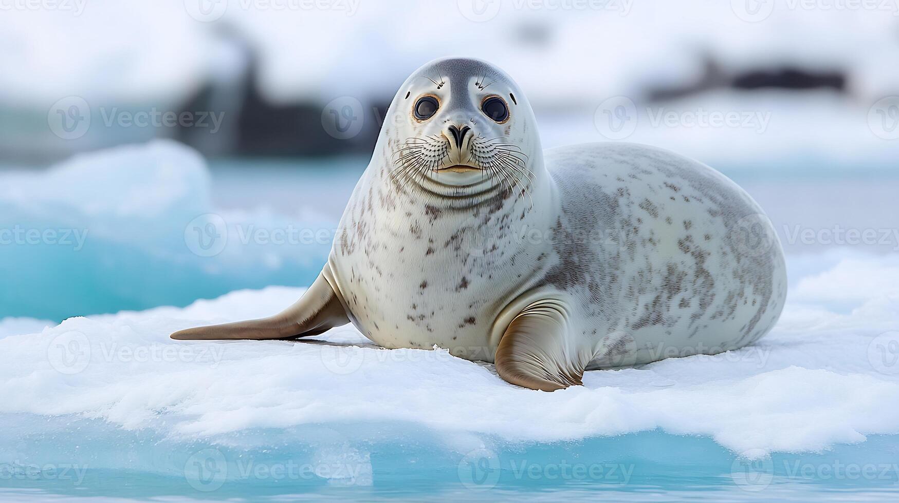 Hooded seal resting an ice floe in the Arctic its smooth body glowing under the pale polar sun surrounded by icy blue water captured with a telephoto lens for serene focus photo