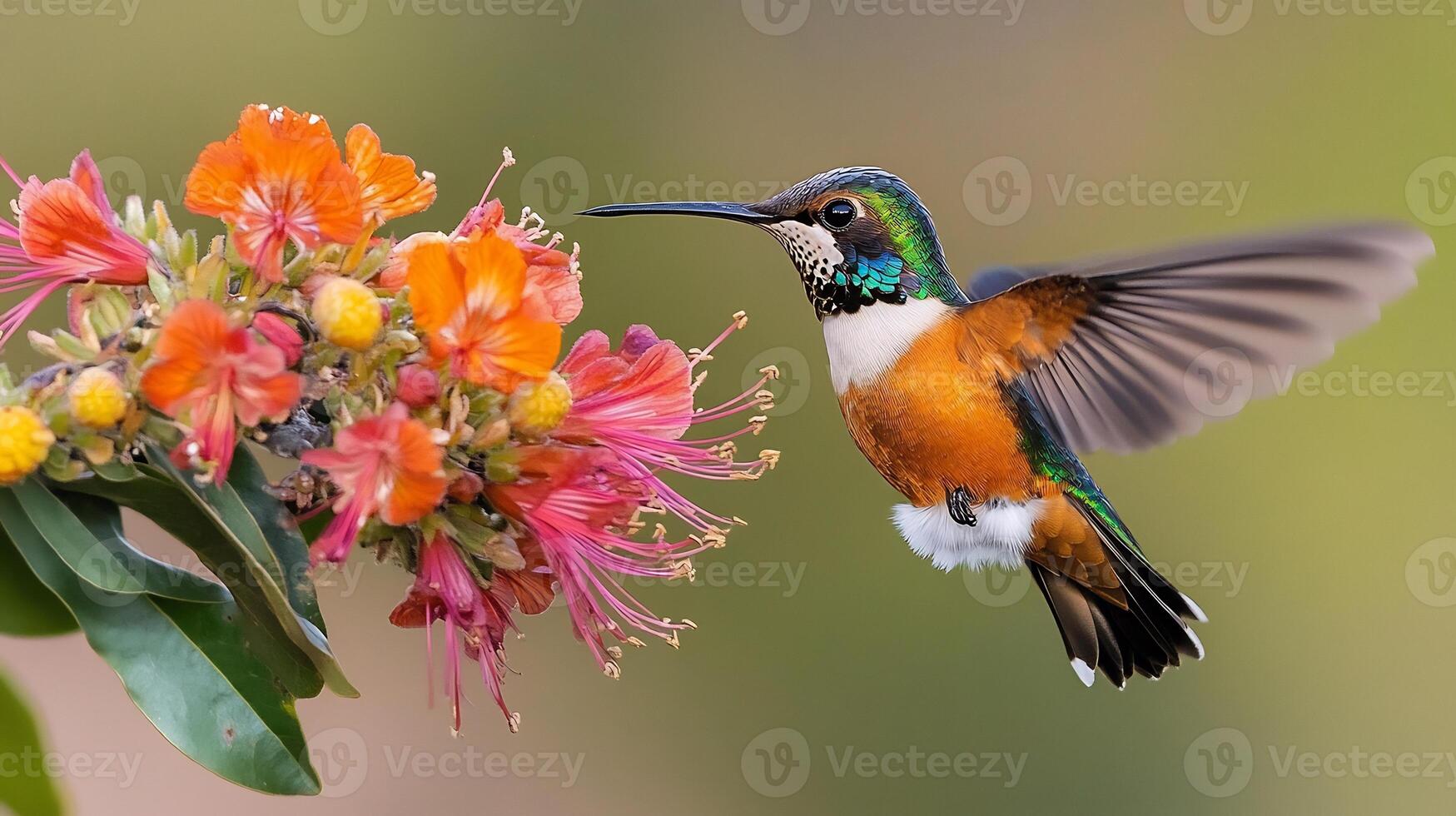 Horned sungem hummingbird hovering mid air near cluster of vibrant flowers its iridescent feathers catching the warm light of dawn captured with a high speed telephoto lens for dynamic focus photo