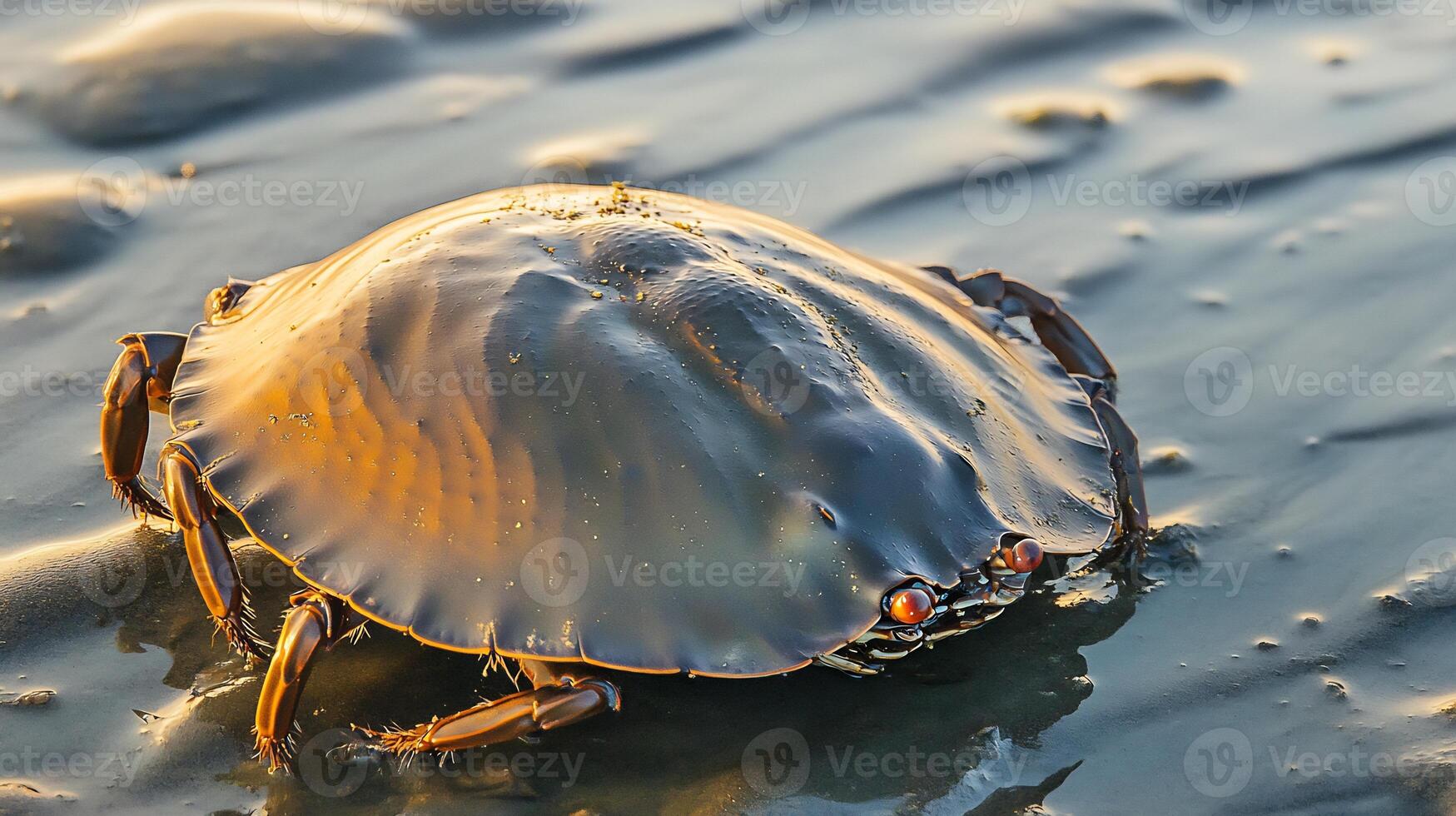Horseshoe crab crawling along wet shoreline at low tide its ancient armored body glistening under golden hour light captured with a low angle macro lens to emphasize texture and scale photo