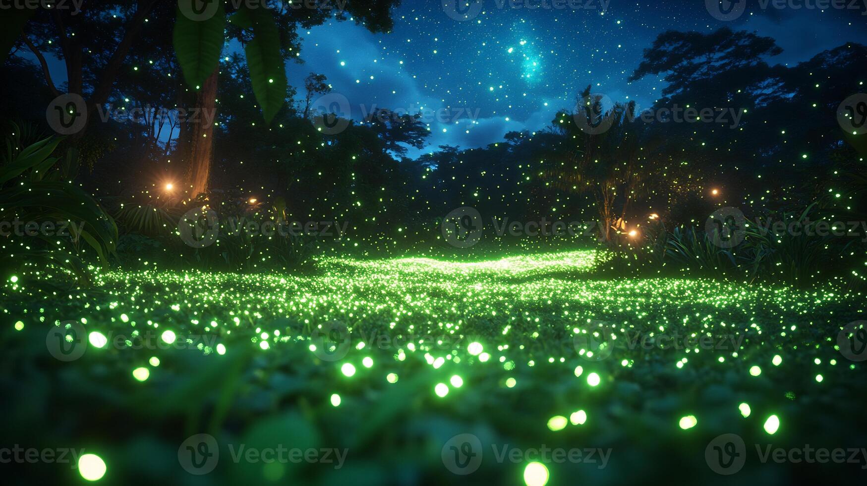 Jungle clearing illuminated countless glowing fireflies under a canopy of stars their soft green light creating a magical ambiance captured with a low light wide angle lens for immersive detail photo