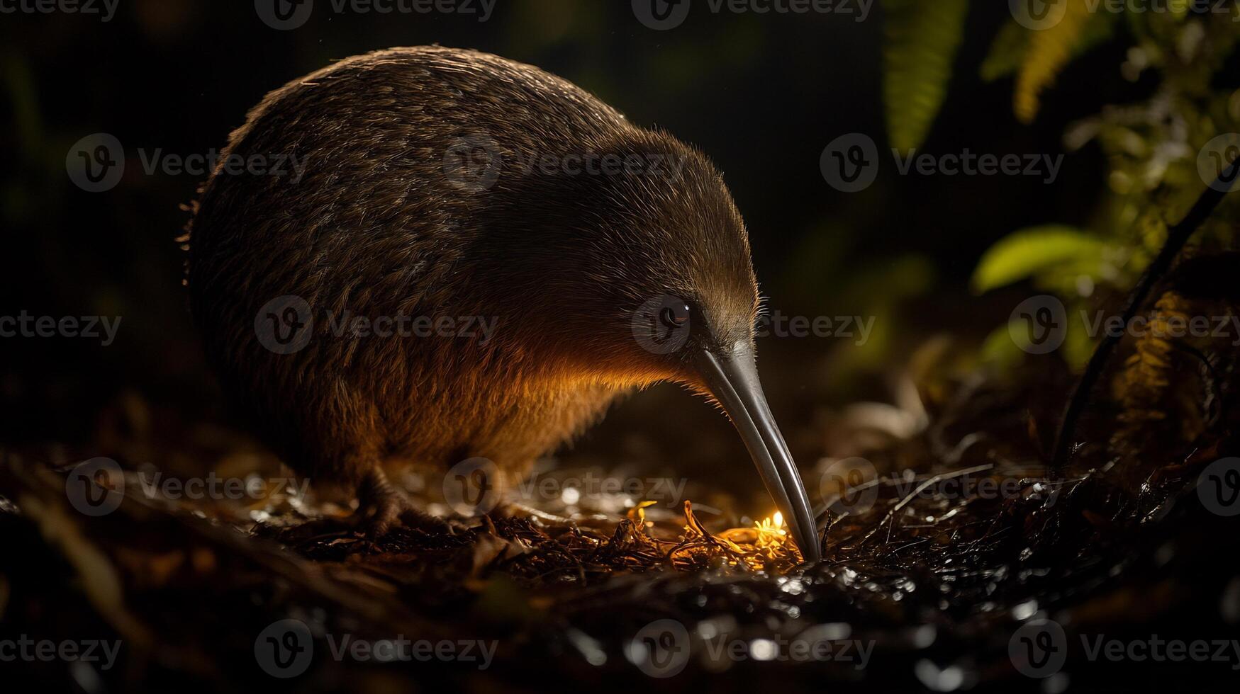 Kiwi bird foraging under moonlight a New Zealand forest its long beak and round body illuminated subtly with a flashlight using low light techniques for natural ambiance photo