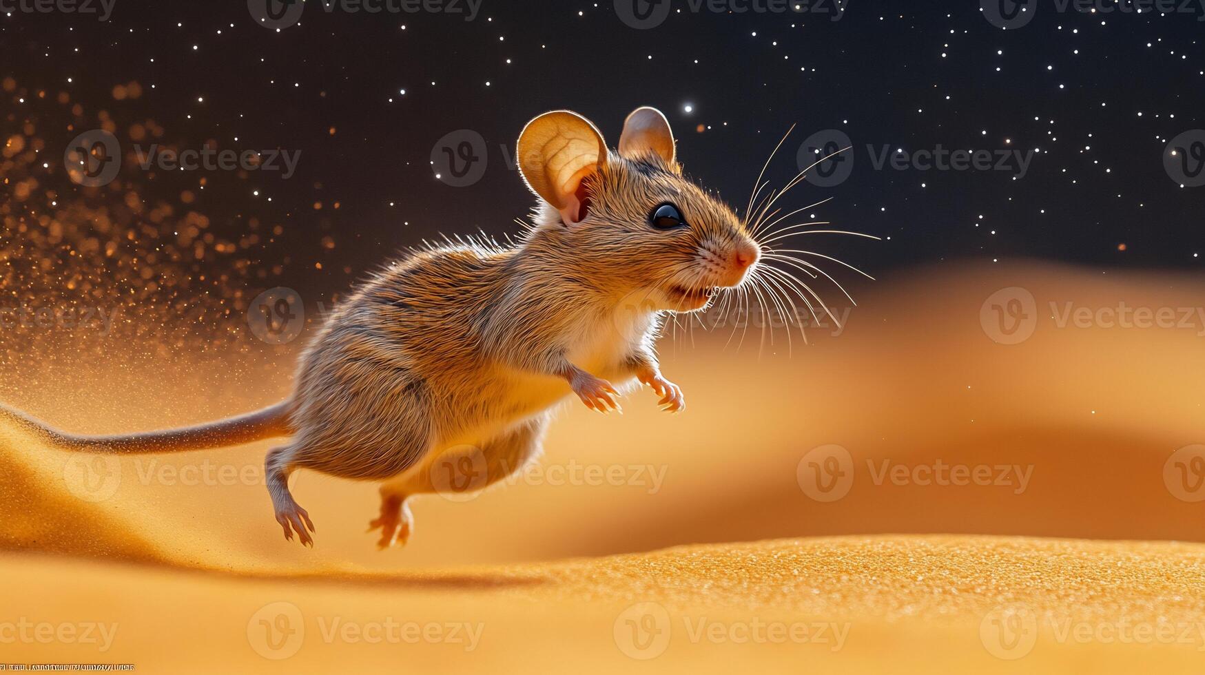 Kangaroo rat leaping across sandy desert under a starry sky its small frame frozen mid air illuminated by soft moonlight captured with a high speed telephoto lens for dynamic motion photo