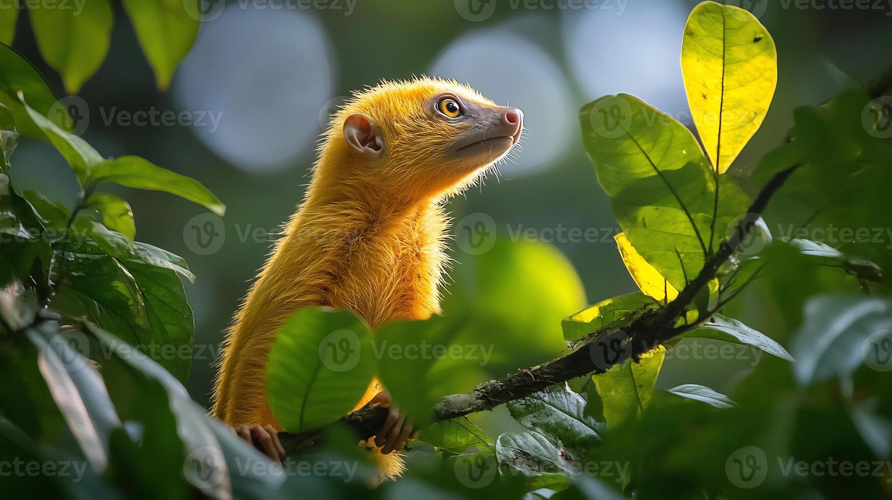 Kinkajou climbing through dense jungle canopy under soft afternoon light golden fur glowing against the vibrant green leaves captured with a telephoto lens for natural depth photo