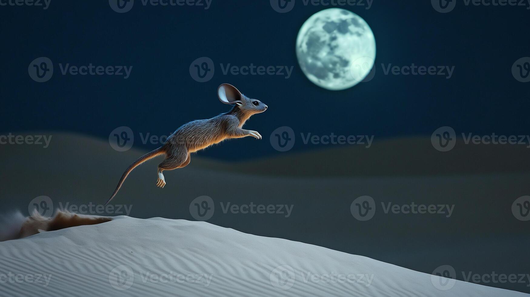 Long eared jerboa leaping across moonlit sand dunes of the Gobi Desert its exaggerated ears catching the soft light captured with a low light macro lens for a dramatic nocturnal shot photo