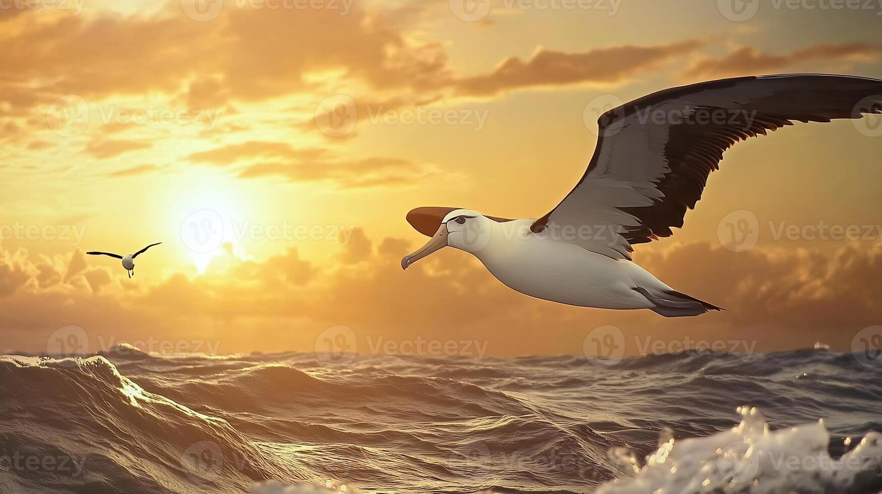 Magnificent albatross gliding over vast open ocean waves expansive wingspan framed against a dramatic sunset sky captured with a long telephoto lens for a dynamic perspective photo