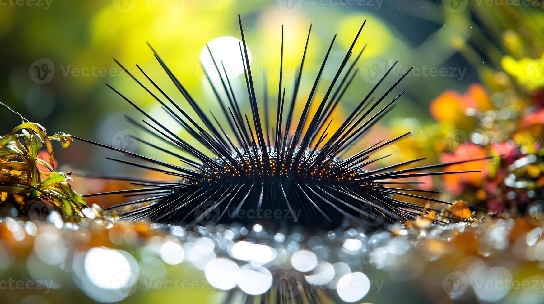 Long spined sea urchin resting a shallow tide pool its delicate spines reflecting sunlight surrounded by colorful algae captured with a macro lens for vivid texture photo