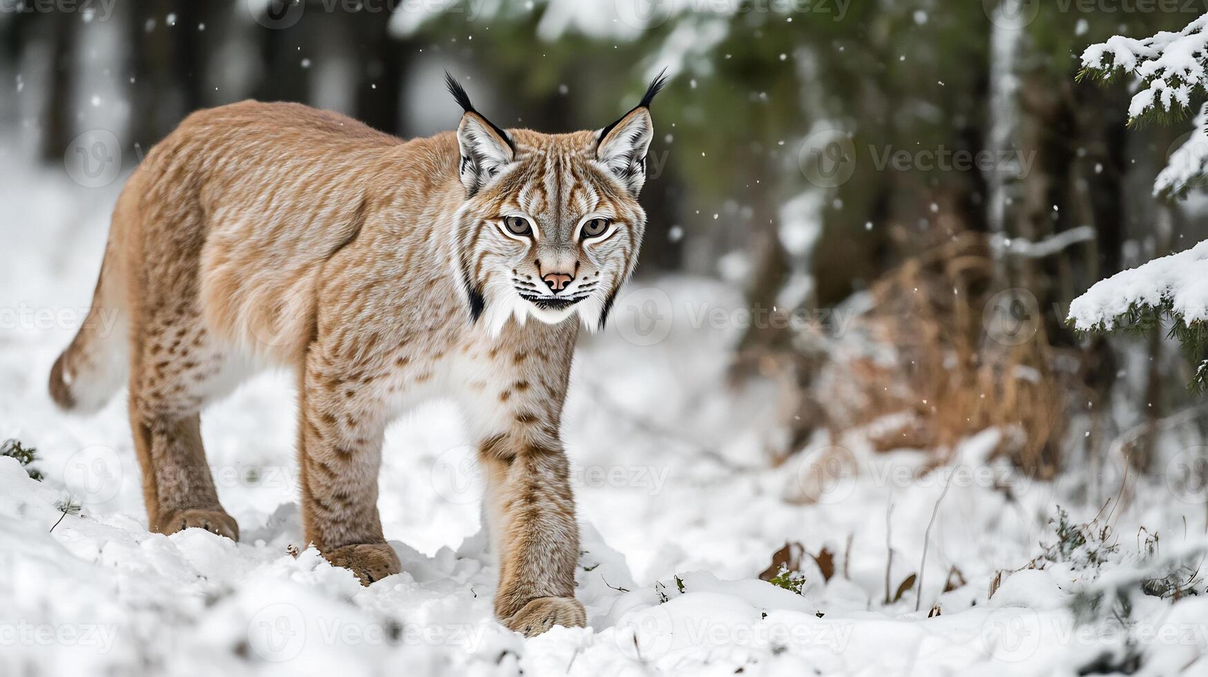 Lynx walking silently through snow covered forest its tufted ears and sharp gaze locked onto unseen prey captured with a telephoto lens for crisp detail and winter ambiance photo
