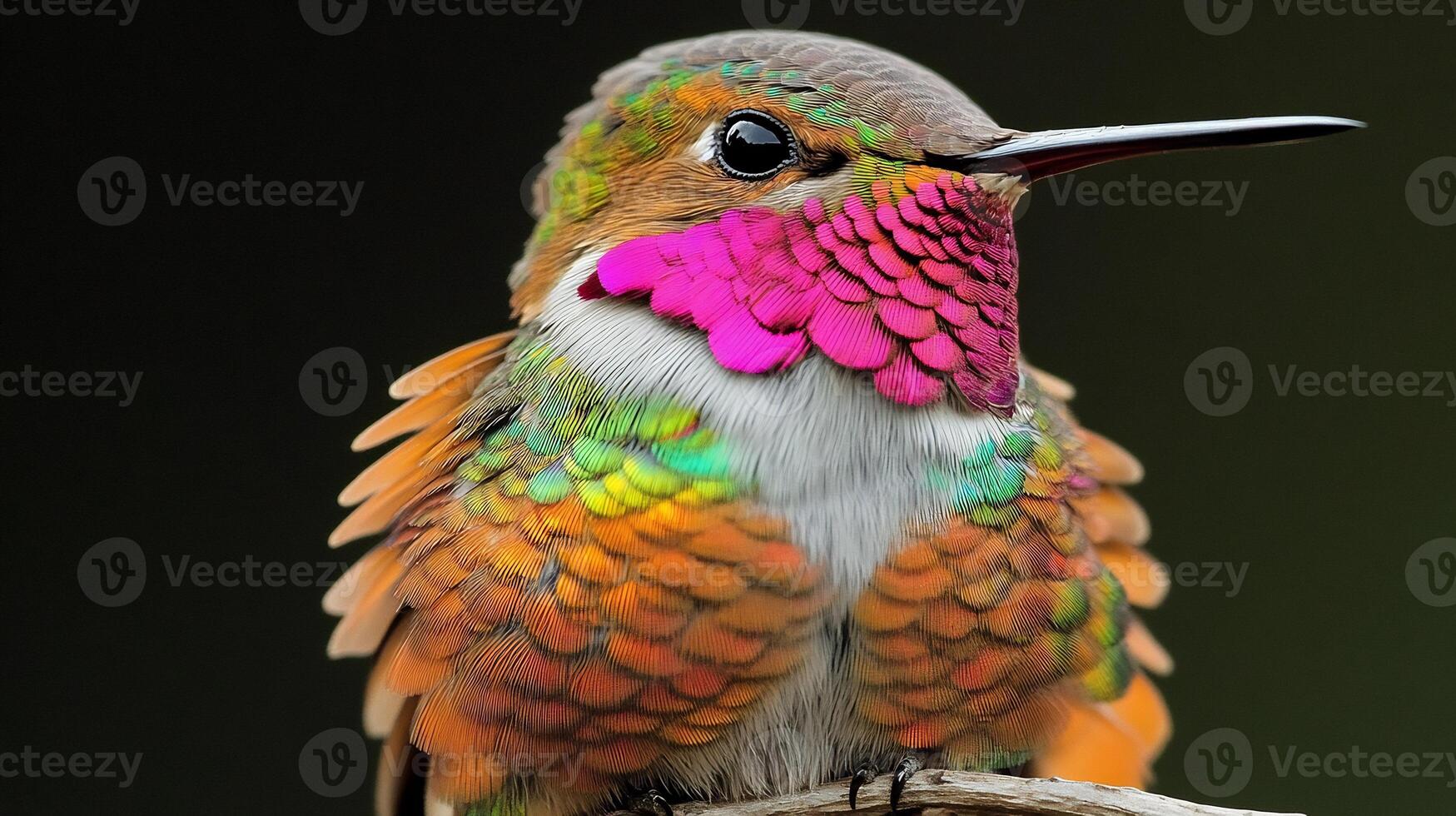 Macro shot of hummingbirds iridescent feathers as it perches on a delicate twig showcasing the intricate details and vibrant colors captured with a macro lens for extreme close up precision photo