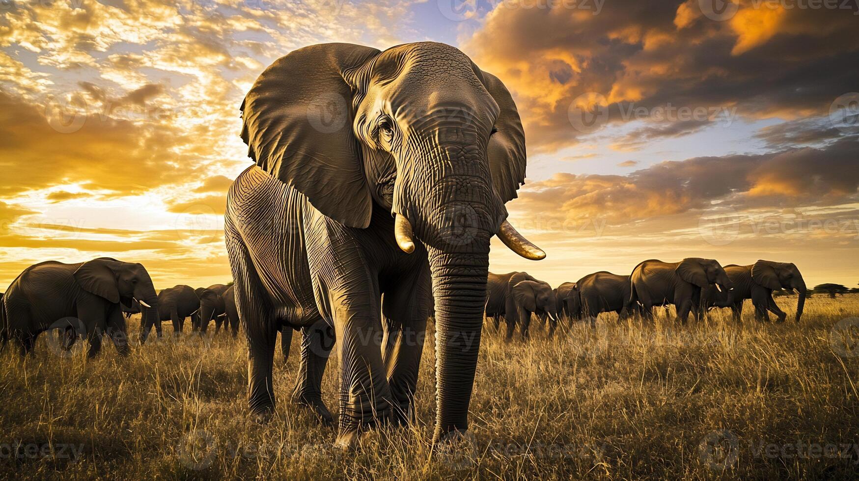 Majestic African elephant leading herd across savanna under a dramatic sky with golden sunlight creating a silhouette effect photographed using a telephoto lens to highlight the scenes grandeur photo