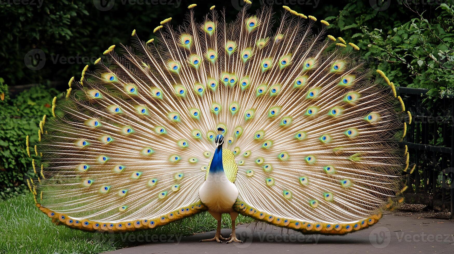Majestic peacock spreading dazzling tail feathers in a full fan with intricate patterns and vivid colors set against a lush green background captured with a telephoto lens to showcase its beauty photo