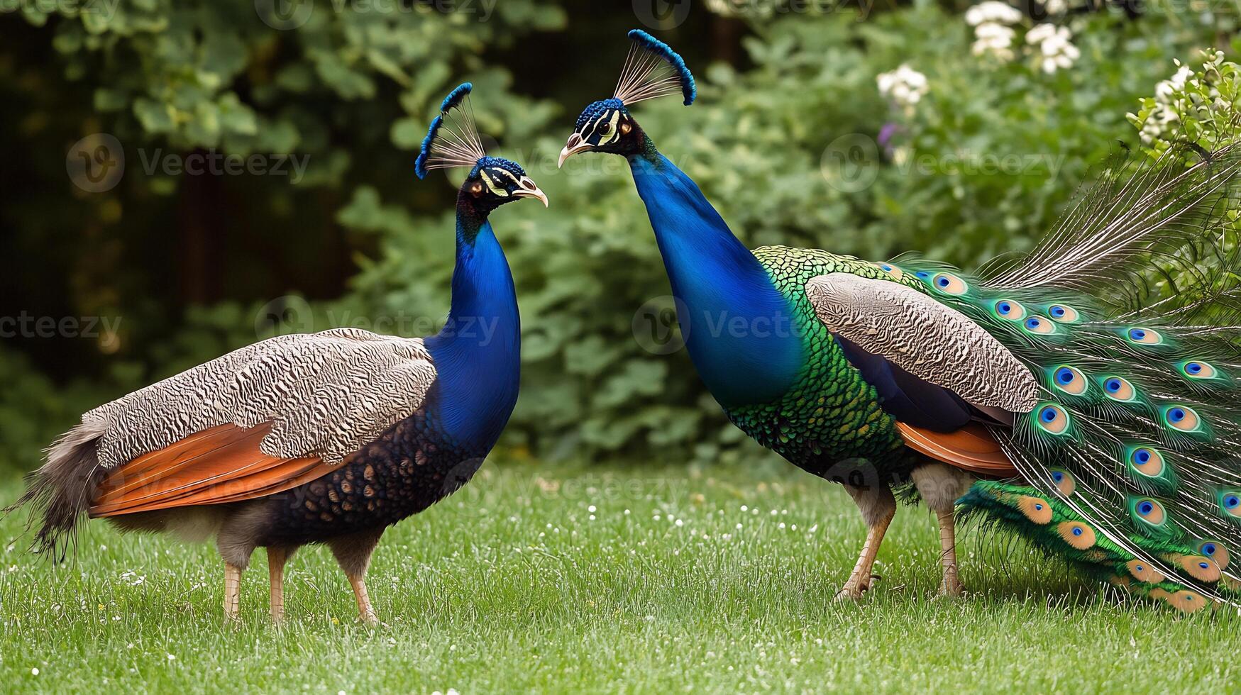 Male female peacock together in a tranquil garden setting with the male displaying his tail feathers in courtship photographed with a shallow depth of field to highlight their contrast photo